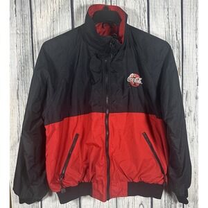 Coca Cola Button Logo Jacket Men's Large Black Red Wear Guard Stand Up Collar